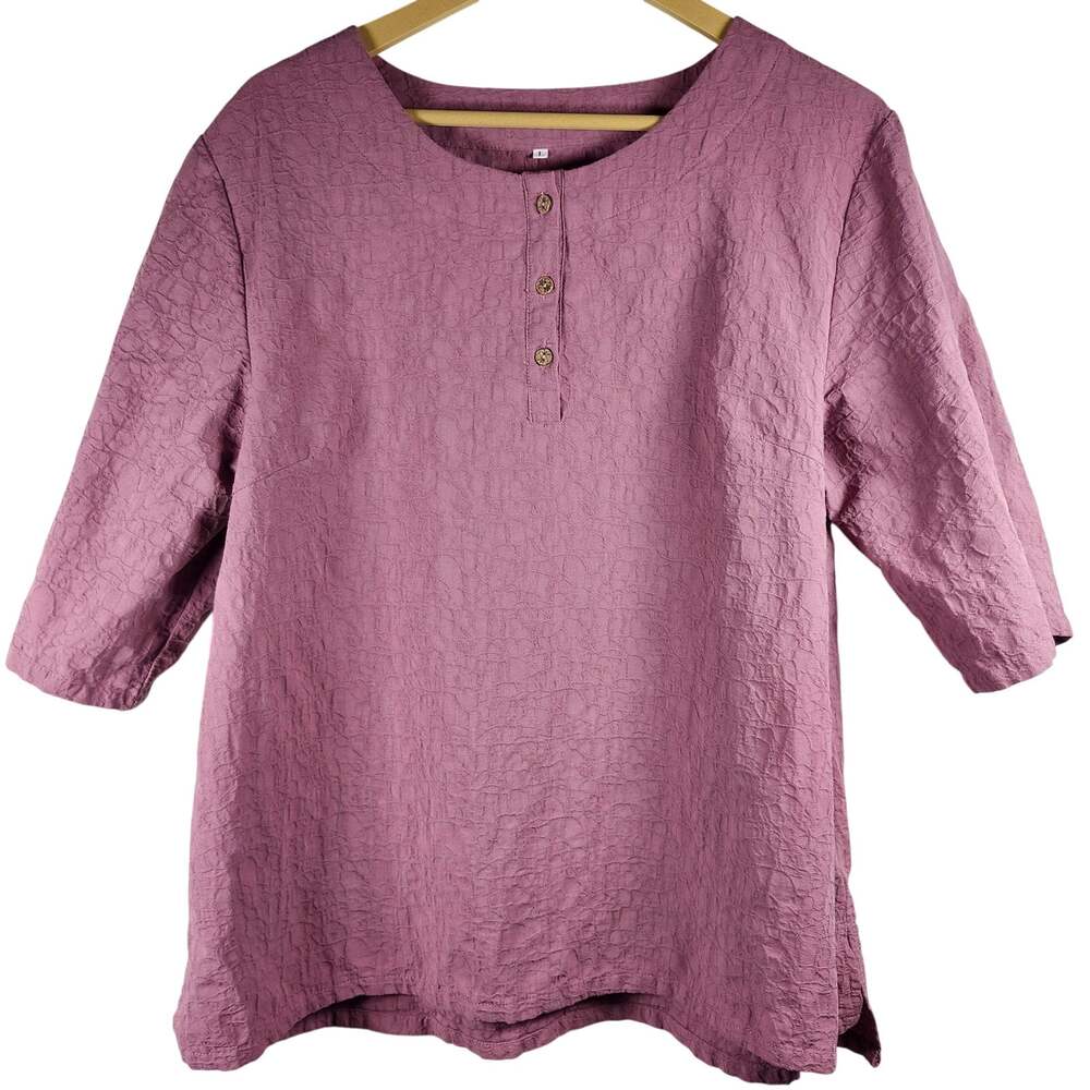Mauve Linen-Cotton Blend Textured Top with Flowers on Wooden Buttons Size Large